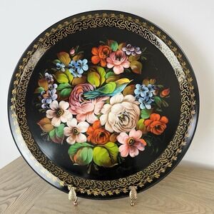 Vintage Hand-Painted Floral Toleware Black Bar Tray Round Signed Gilt Border 96